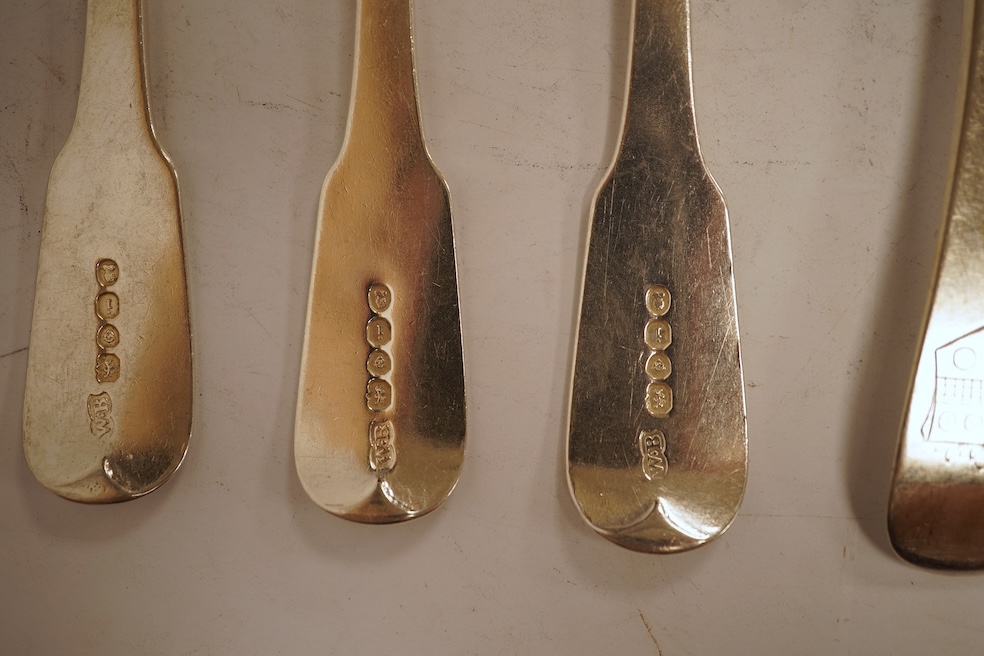 A set of five George I silver Hanoverian rat-tail pattern table spoons by Samuel Hitchcock, London, 1725 and four George IV silver fiddle pattern table forks, with engraved initial and crest, William Bateman, London, 182